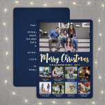 Jeder Text 9 Foto Collage einfache Navy Blau und G Folien Feiertagskarte<br><div class="desc">Senden Sie stilvolle fröhliche Grüße und teilen Sie 9 Ihrer Lieblingsfotos mit einer individuellen Foto Collage blau und goldfarben Folie Urlaubskarte. Der gesamte Text auf dieser Vorlage lässt sich einfach so anpassen, dass er jeden beliebigen Text enthält, z. B. Frohe Weihnachten, glückliche Feiertage, Frohe Festtage, Neujahrsjubiläen usw. (IMAGE PLACEMENT TIP:...</div>