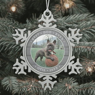 Jeder Text Beste Hund je einfaches Foto Graue Imit Schneeflocken Zinn-Ornament