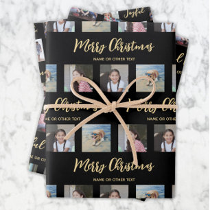 Jeder Text Foto Collage Chic Schwarz & Gold Weihna Geschenkpapier Set