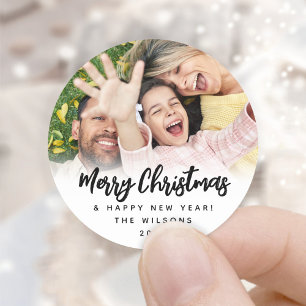Jeder Text Trendige Schrift Weihnachtsfoto Schwarz Runder Aufkleber