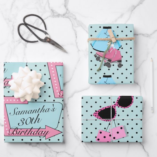 Jedes Alter, 1950er Jahre Retro-Geburtstag Geschenkpapier Set (Vorderseite)