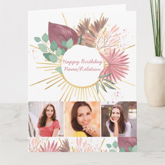 Jedes Alter 3 FotoCollage Personalisiert Boho Gebu Karte (Vorderseite)