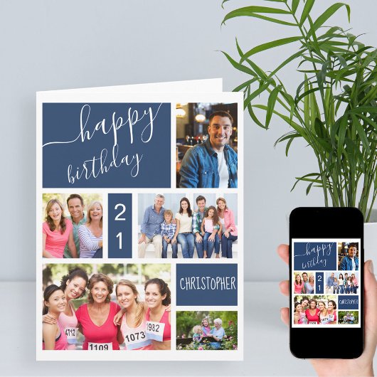 Jedes Alter 5 Foto Collage Blue Personalisiert Geb Karte