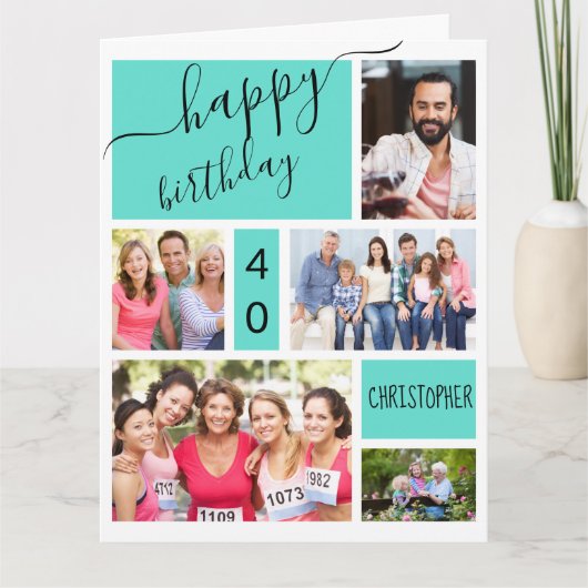 Jedes Alter 5 Foto Collage Türkis Custom Geburtsta Karte (Vorderseite)