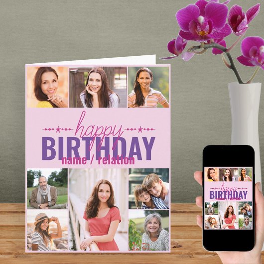 Jedes Alter 8 Foto Collage Personalisiert Rosa Geb Karte