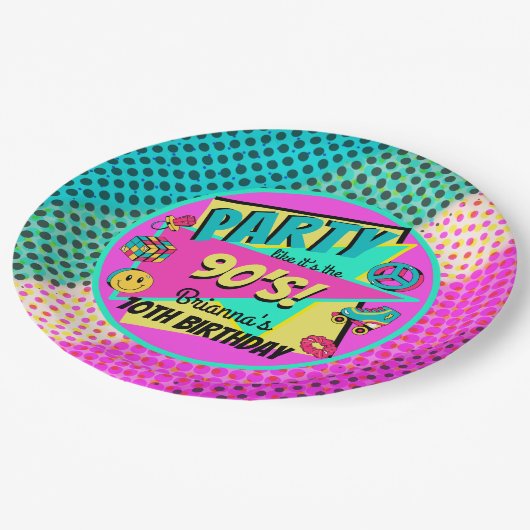 JEDES ALTER 90er Party Regenbogen halftone rosa aq Pappteller (Schrägansicht)