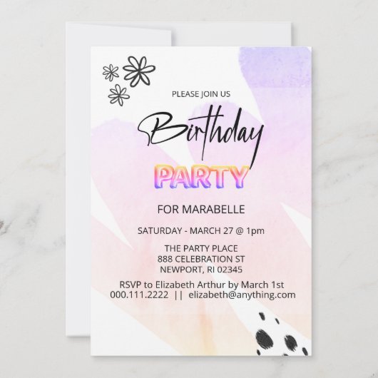 *~* JEDES ALTER Abstrakt Doodle Watercolor Geburts Einladung (Rückseite)