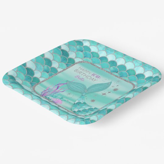 JEDES ALTER Aquamarin Mermaid Silberner Glitzer Ha Pappteller (Gewinkelt)