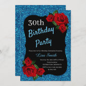 Jedes Alter Birthday Blue Glitzer Rote Rosen Einladung (Vorne/Hinten)