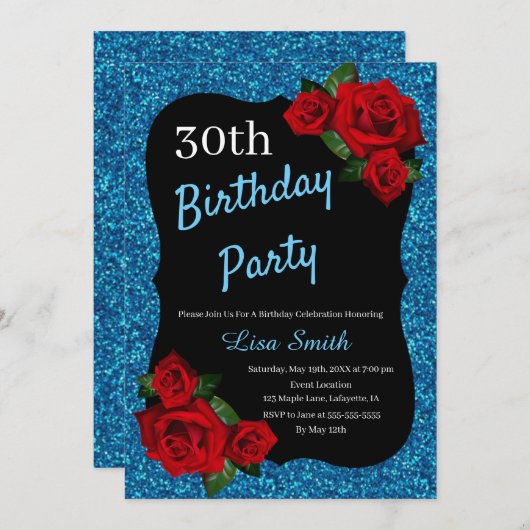 Jedes Alter Birthday Blue Glitzer Rote Rosen Einladung (Vorne/Hinten)