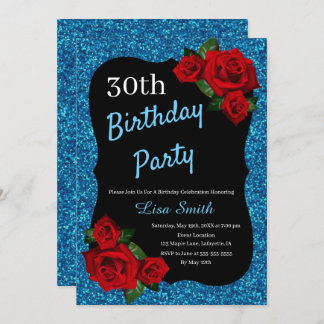 Jedes Alter Birthday Blue Glitzer Rote Rosen Einladung