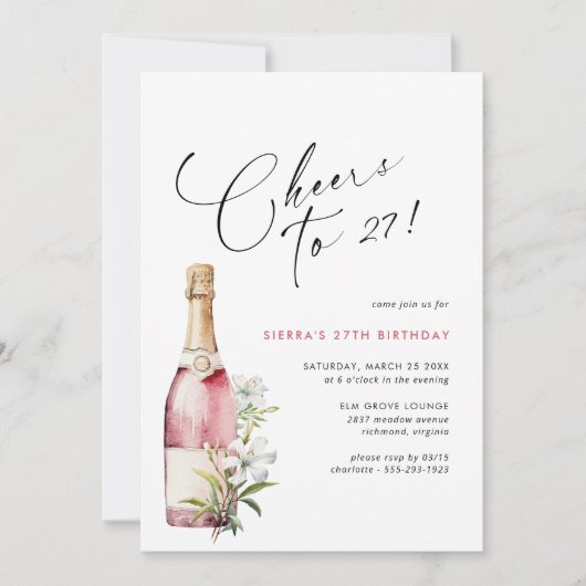 Jedes Alter | Cheers Pink Champagne oder Wein Gebu Einladung (Vorderseite)