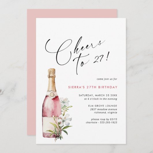 Jedes Alter | Cheers Pink Champagne oder Wein Gebu Einladung (Vorne/Hinten)