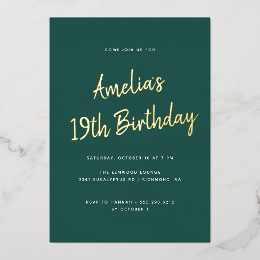 Jedes Alter | Dark Emerald Green und Gold zum Gebu Folieneinladung (Vorderseite)