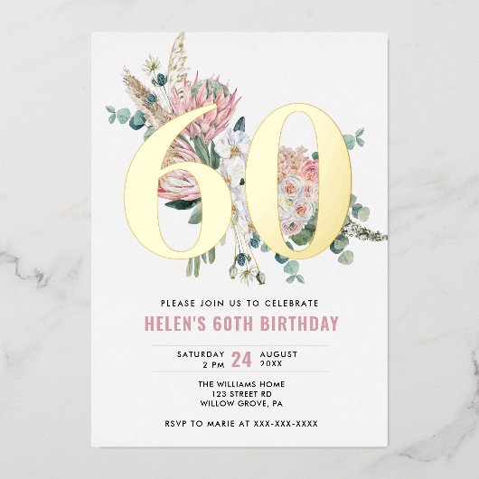 Jedes Alter Elegante Moderne Dusty Rose Blumen Folieneinladung (Vorderseite)