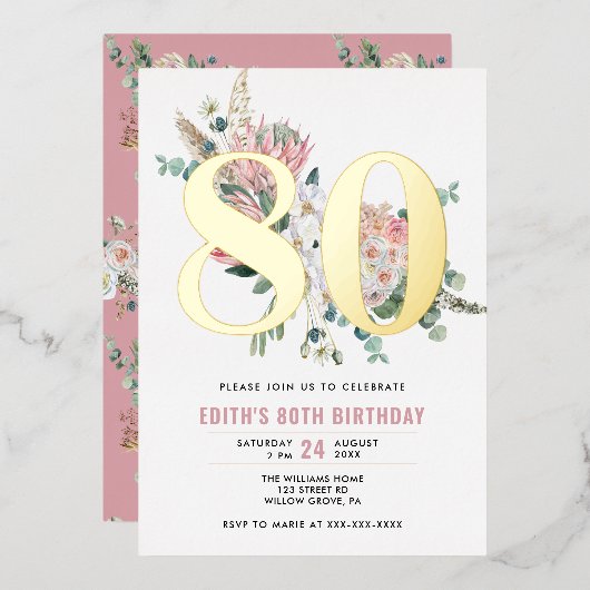 Jedes Alter Elegante Moderne Dusty Rose Blumen Folieneinladung (Vorderseite/Rückseite)