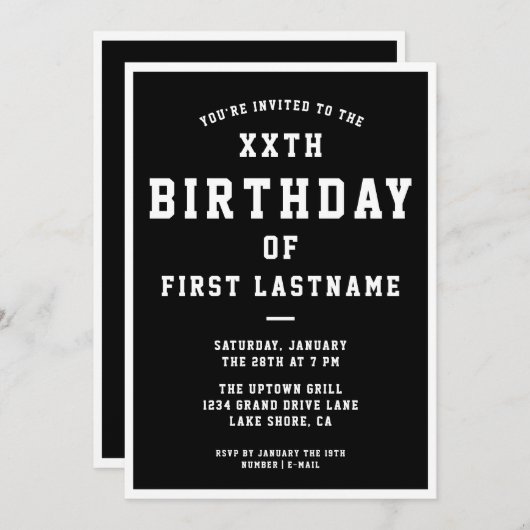 JEDES ALTER Frühgeburtstag Einladung | Schwarz/Wei (Vorne/Hinten)