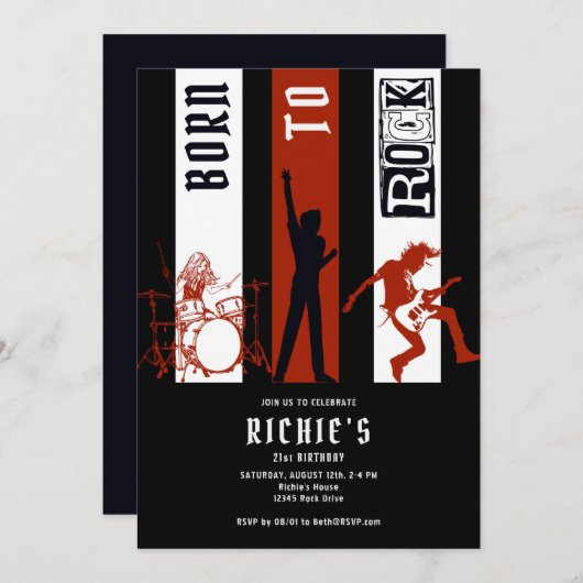 Jedes Alter Geboren zu Rock & Roll Rocker Geburtst Einladung (Vorne/Hinten)