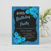 Jedes Alter Geburtstag Blue Glitzer Blue Rose Einladung (Stehend Vorderseite)