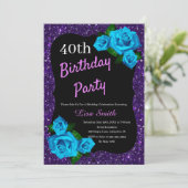 Jedes Alter Geburtstag Lila Glitzer Blue Rose Einladung (Stehend Vorderseite)