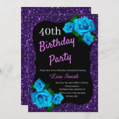 Jedes Alter Geburtstag Lila Glitzer Blue Rose Einladung (Vorne/Hinten)