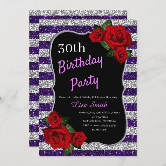 Jedes Alter Geburtstag Lila Silberner Glitzer Rote Einladung (Vorne/Hinten)