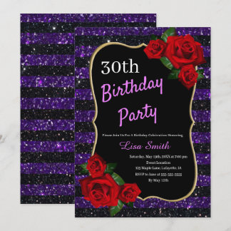 Jedes Alter Geburtstag Lila und schwarze Glitzer R Einladung
