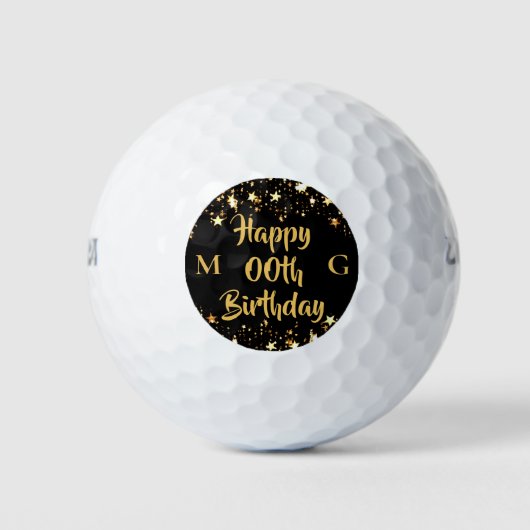 Jedes Alter Geburtstag Monogram Black Gold Stars Golfball (Vorderseite)