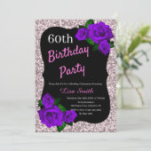 Jedes Alter Geburtstag Rosa Glitzer Lila Rose Einladung (Stehend Vorderseite)