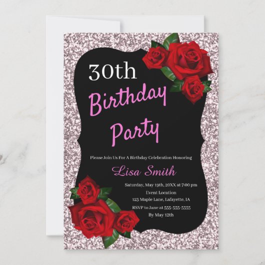 Jedes Alter Geburtstag Rosa Glitzer Rote Rosen Einladung (Vorderseite)