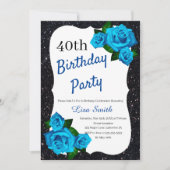 Jedes Alter Geburtstag Schwarzer Glitzer Blau Rose Einladung (Vorderseite)