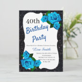 Jedes Alter Geburtstag Schwarzer Glitzer Blau Rose Einladung (Stehend Vorderseite)