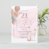Jedes Alter, Glitzer Balloons Rosa Champagner 21. Einladung (Stehend Vorderseite)