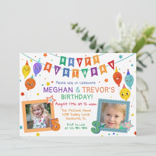 JEDES ALTER - Joint Dual Sibling Birthday Einladun Einladung (Stehend Vorderseite)