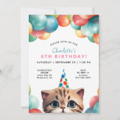 Jedes Alter | Kitty Cat Rainbow Balloons Kindergeb Einladung (Vorderseite)