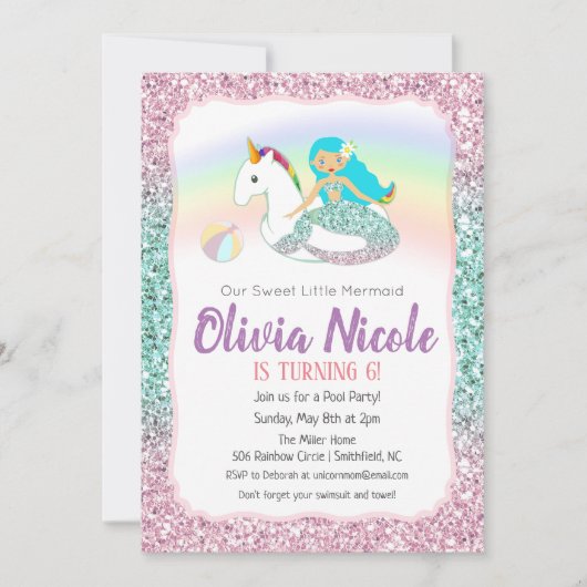 JEDES ALTER - Meerjungfrau Glitzer Einladung zum G (Vorderseite)