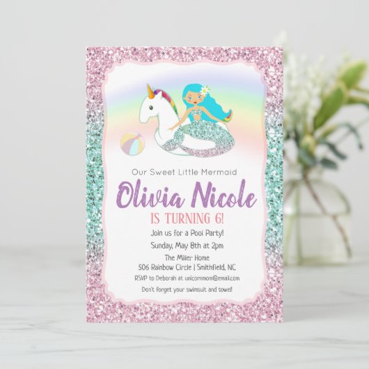 JEDES ALTER - Meerjungfrau Glitzer Einladung zum G (Stehend Vorderseite)