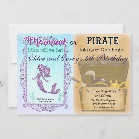 JEDES Alter - Meerjungfrau oder Pirate zum Geburts Einladung (Vorderseite)
