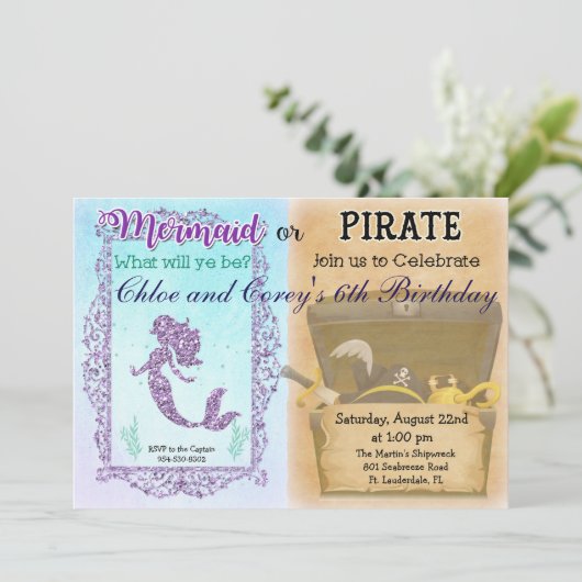 JEDES Alter - Meerjungfrau oder Pirate zum Geburts Einladung (Stehend Vorderseite)
