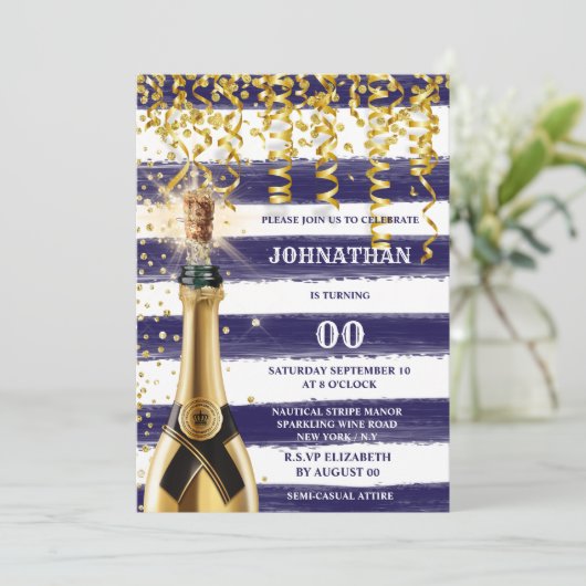 JEDES ALTER nautische Marine Weißgoldstreifen Einladung (Stehend Vorderseite)