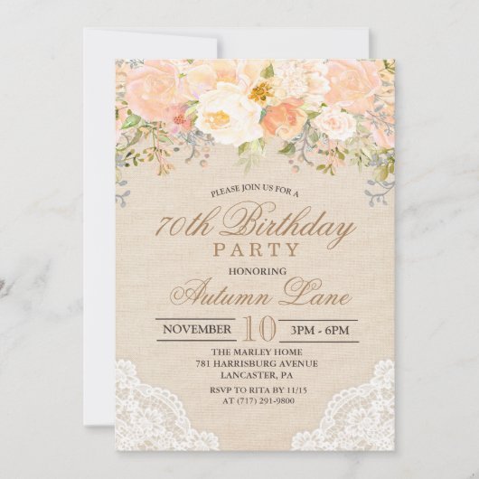 JEDES ALTER - Peach floral Lace Birthday Einladung (Vorderseite)