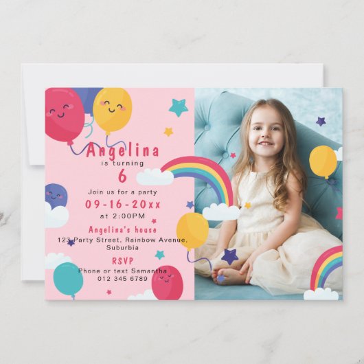 JEDES ALTER Pink Balloons & Rainbows 2 Foto Geburt Einladung (Vorderseite)