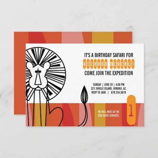 JEDES ALTER Retro Löwe SAFARI BIRTHDAY Party Einladung (Vorne/Hinten)