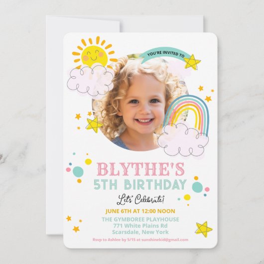 JEDES ALTER - Sonnenschein und Regenbogen Geburtst Einladung (Vorderseite)