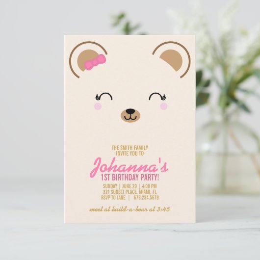 JEDES ALTER Teddy BAR BIRTHDAY Party pink Einladung (Stehend Vorderseite)