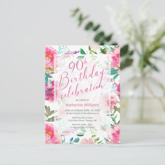 Jedes Alter tropische Blütenpink Pony 90. Geburtst Einladungspostkarte (Stehend Vorderseite)