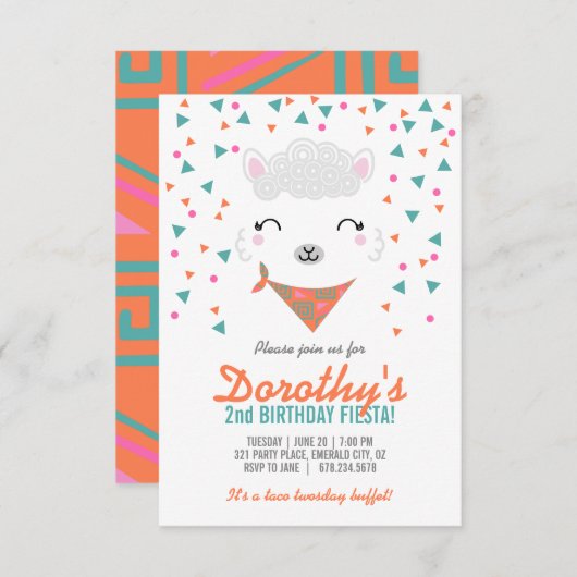 jedes Altersmädchen BIRTHDAY FIESTA alpaca llama Einladung (Vorne/Hinten)