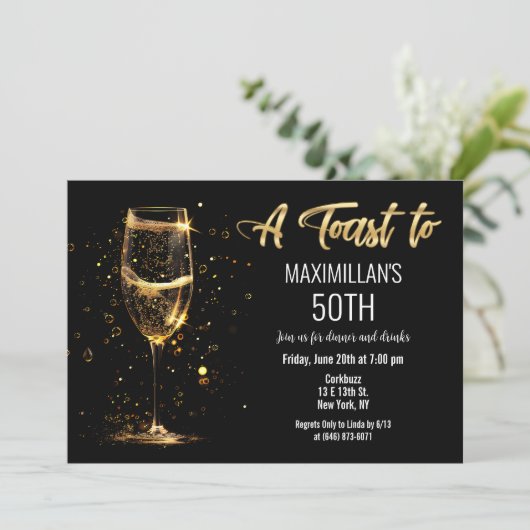 Jedes Ereignis Schwarz und Gold Wein Glas Einladung (Stehend Vorderseite)