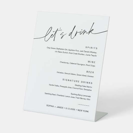 JEDES Hochzeitliche Getränke-Cocktailmenü 8x10 Sockelschild (Vorderseite)