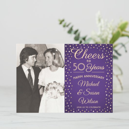 JEDES JAHR 2 Foto Cheers Lila & Gold Party Einladung (Stehend Vorderseite)